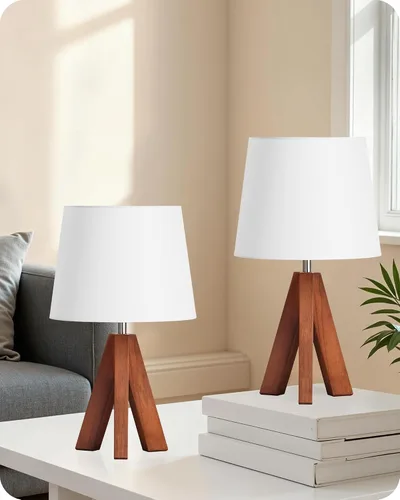 Vista 8 de Juego de 2 lámparas de mesa trípode pequeñas, lámpara moderna de mesita de noche con pantalla de tela, luz de escritorio de madera estilo bohemio