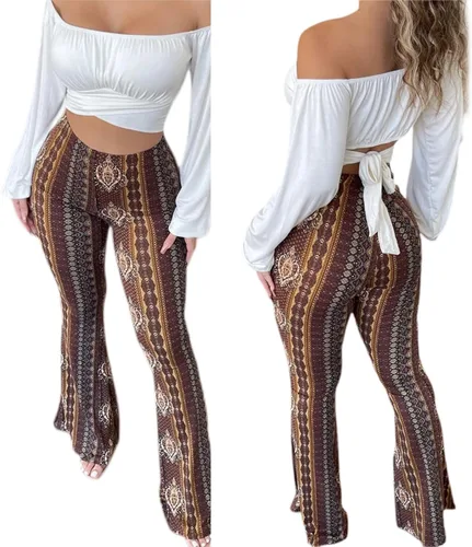 Vista 4 de FOMOYUU Pantalones acampanados con estampado bohemio para mujer, de cintura alta, elásticos, pantalones acampanados de talla grande, pantalones