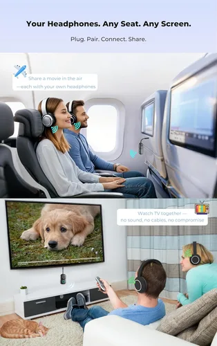 Vista 3 de Receptor transmisor Bluetooth, adaptador de audio 2 en 1 para avión, TV, coche Connect Dual Headphones & Stereo Speaker Wireless 3.5mm AUX Jack