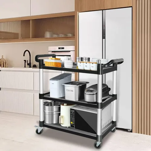 Vista 6 de Carros utilitarios de plástico con ruedas, carrito de restaurante de 3 niveles, carrito de servicio de alimentos resistente 420 libras, carrito