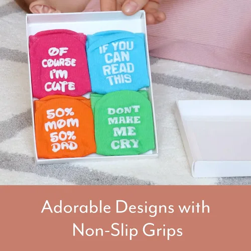 Vista 7 de Calcetines brillantes para bebé, 4 pares de calcetines para recién nacidos, regalo para bebé con citas adorables, agarre antideslizante, regalos