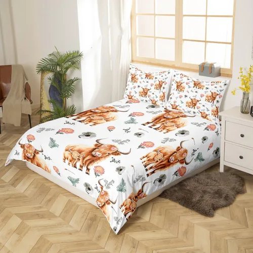 Vista 3 de Feelyou Highland Cattle - Juego de funda de edredón de vacas, flores y hojas, 1 funda de edredón y 1 funda de almohada, tamaño individual