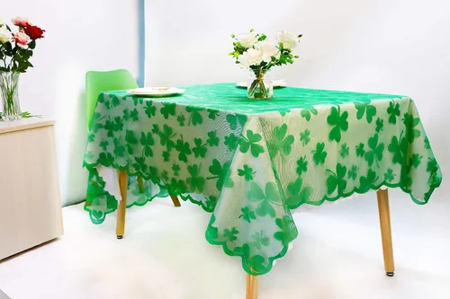 Vista 2 de asunflower Mantel rectangular de encaje con trébol verde, 60 x 84 pulgadas, para decoración de mesa del día de San Patricio con mantel bordado