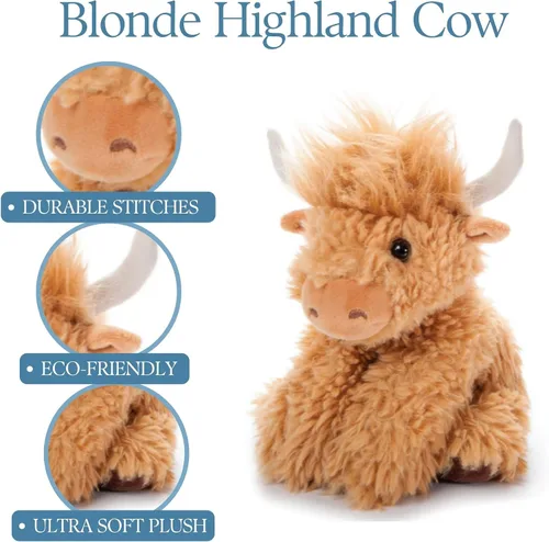 Vista 2 de The Petting Zoo Highland Cow Peluche de peluche, regalos para niños, animales salvajes de la vida silvestre, vaca rubia, 9 pulgadas