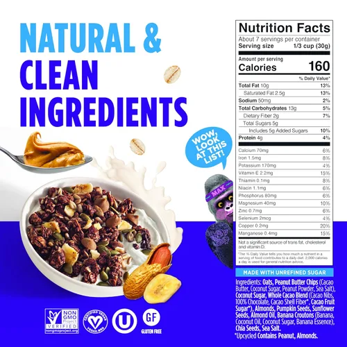 Vista 2 de Blue Stripes Granola de cacao entero con mantequilla de maní y plátano, 8 onzas