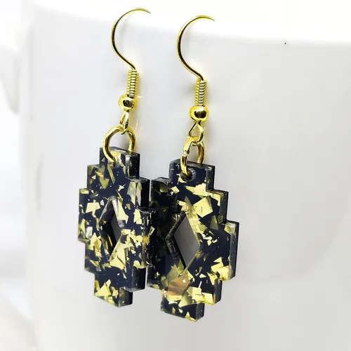 Vista 6 de Boho Black and Gold Sparkle Dangle & Drop Earrings, Handmade, Metal for Sensitive Ears- Statement Earrings (Aztec Dangle Earrings)