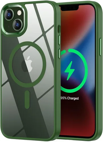 Vista 27 de Funda magnética para iPhone 13, compatible con MagSafe, protección de grado militar, parte trasera dura transparente y marco de TPU suave, funda
