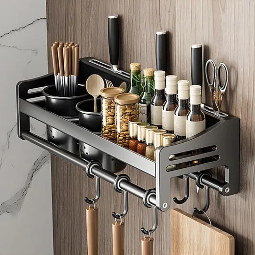 Vista 10 de Wall Stainless Steel Storage Rack Gray with Hooks Kitchen Wall-Mounted No Drilling Required, Multi-Functional Knife Kitchen Storage Stainless Steel