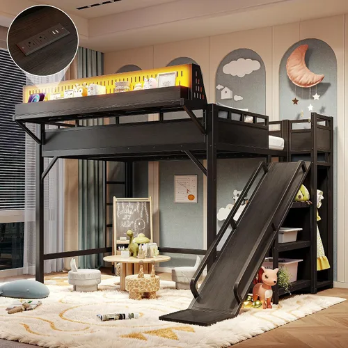Vista 20 de Cama tipo loft de tamaño matrimonial con escaleras de almacenamiento integradas, armario, marco de cama alta de metal con barandilla lateral