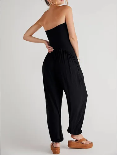 Vista 5 de Amiblvowa Mono sexy de tubo sin tirantes para mujer, pantalones holgados de cintura alta, hombros descubiertos, harén, ropa de calle