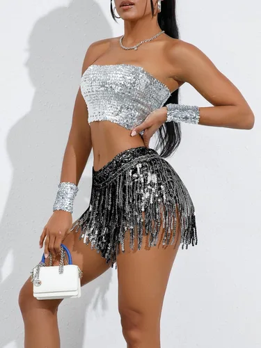 Vista 4 de FEOYA Pantalones cortos de lentejuelas para mujer, falda brillante con borlas, trajes de festival, rave, pantalones calientes