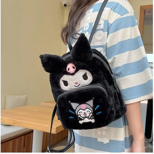 Vista 3 de Mini mochilas lindas de felpa peluda mochilas para niñas mochilas para niños mochila kawaii gran regalo, negro (Black Plush), Computadora portátil