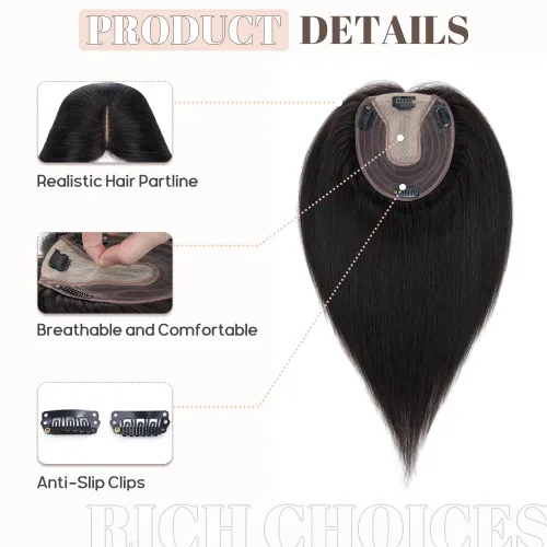 Vista 3 de Rich Choices Toppers de cabello humano real para mujer, sin flequillo, base de seda, clip, extensiones Remy para mujeres con cabello delgado, 14