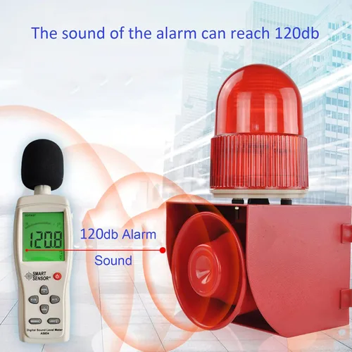 Vista 2 de Alarma industrial de sonido y luz - LED estroboscópica luz de advertencia cuerno fuerte sirena de seguridad al aire libre 25W 120dB DC12V
