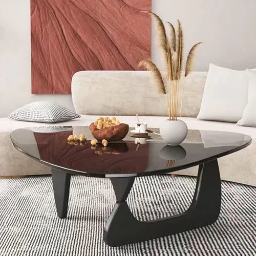 Vista 8 de Mesa auxiliar – Mesa de centro triangular de vidrio con base de madera maciza, diseño minimalista moderno de mediados de siglo, mesa auxiliar