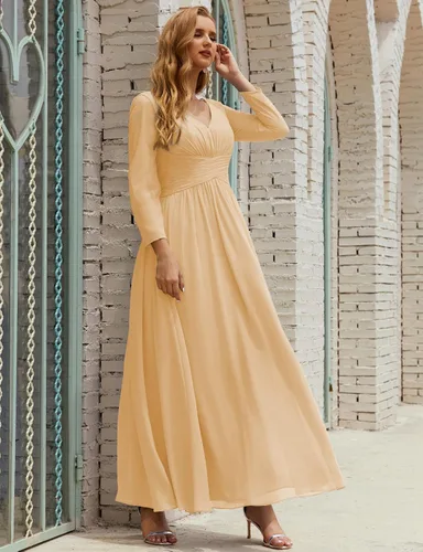 Vista 2 de nightbubo Vestido de dama de honor para mujer, manga larga, cuello en V, vestido formal de gasa para boda