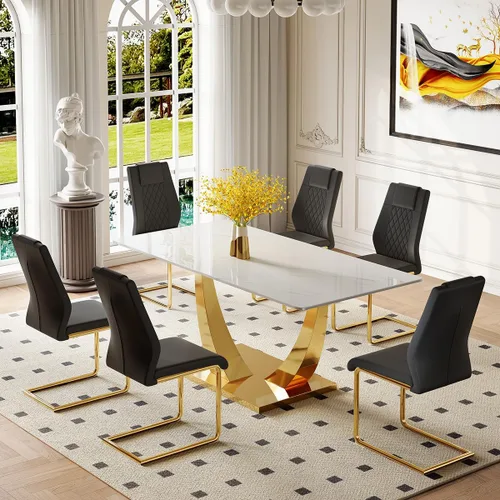 Vista 43 de Juego de mesa de comedor para 4, mesa de comedor de mármol sintético de 63 pulgadas con patas y base de acero inoxidable, sillas acolchadas