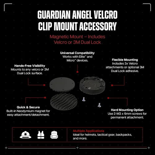 Vista 2 de Guardian Angel Velcro Clip Mount - Magnetic Mount with Screw-in Fits Elite & Micro. Includes Velcro or 3M Dual Lock. For helmets & gear with
