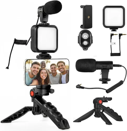 Vista 9 de Acuvar Kit de vlogging premium de 9 piezas para iPhone, Android y cámaras, micrófono, soporte de trípode y luz LED, paquete de YouTube, TikTok
