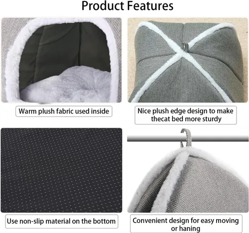 Vista 5 de Camas para gatos de interior, cama de gato, tienda de campaña para gatitos y mascotas pequeñas con cojín lavable, suave y cálida, color gris, 15