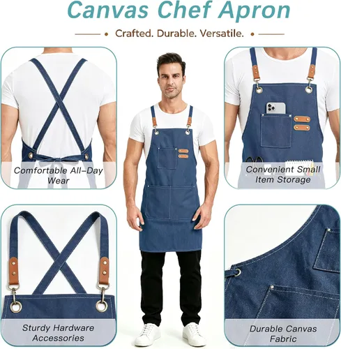 Vista 4 de Nanxson Delantal de chef con espalda cruzada con bolsillos para herramientas, delantal ajustable para hombres y mujeres, CF3174 Azul