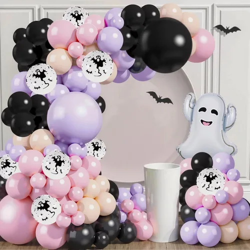 Vista 5 de Kit de guirnalda de arco de globos de Halloween rosa, globos de 18 pulgadas, 10 pulgadas, 5 pulgadas, negro, rosa, morado con globos de aluminio