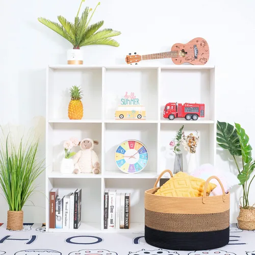Vista 6 de MINTWOOD Design Cesta decorativa extragrande de 22 x 14 pulgadas de cuerda de algodón tejida para sala de estar con asas largas, cesta de lavandería