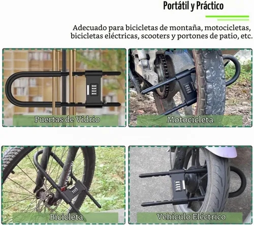 Vista 8 de V·RESOURCING® - Candado de combinación de 4 dígitos, antirrobo en forma de U, resistente, con grillete ajustable, para bicicletas, bicicletas