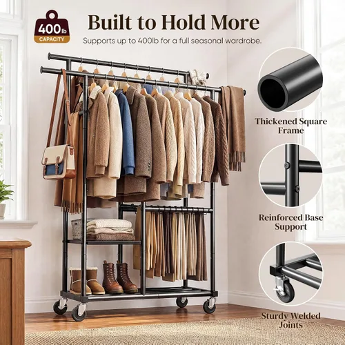 Vista 4 de HOKEEPER Clothes Rack, Double Rods Rolling Clothing Rack for Hanging Clothes, Portable Garment Rack with 3-Tier Storage Shelves, Free Standing