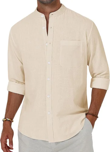 Vista 7 de Alimens & Gentle Camisas de algodón y lino para hombre, camisa de manga larga con botones, cuello de banda, camisas de playa