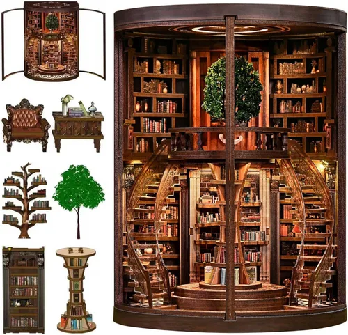 Vista 10 de Kit de rincón de libros en miniatura, rompecabezas de madera 3D, decoración de estantería de biblioteca con luces LED, modelo de casa pequeña
