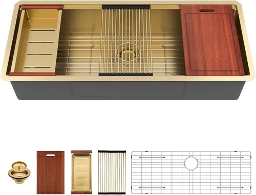 Vista 36 de Sarlai Fregadero de cocina empotrado de 30 pulgadas dorado - Fregadero de cocina de 76,2 cm x 45,7 cm con repisa para estación de trabajo de acero