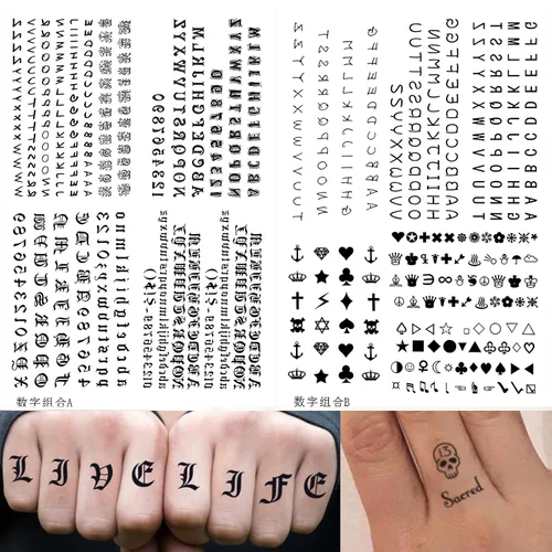 Vista 5 de 30 hojas de calcomanías temporales para tatuajes del alfabeto, tatuajes de dedos, letras negras en inglés, nombre de bricolaje, tatuajes de corona