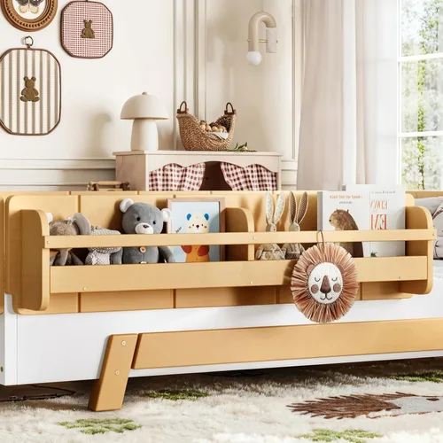 Vista 5 de Cama Montessori de tamaño matrimonial con estantería y valla, natural
