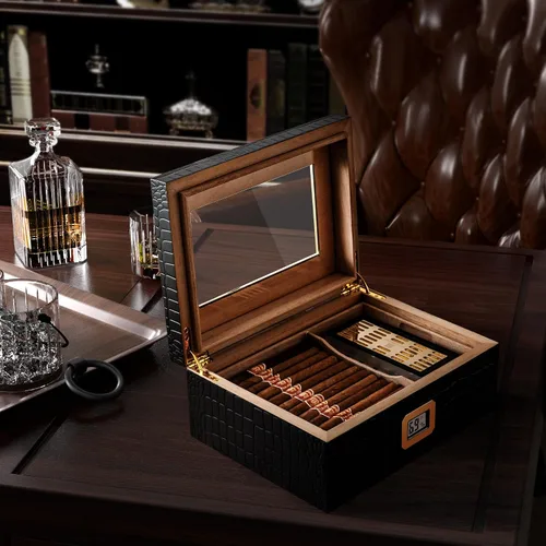 Vista 6 de Woodronic Humidor de puros para 80 unidades con higrómetro digital, bandeja y divisores forrados de cedro español, humidificador de gel de cristal