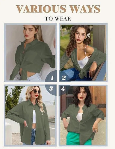 Vista 7 de Camisas de manga larga con botones para mujer, sin arrugas, para trabajo, oficina, con bolsillo
