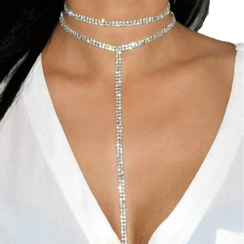 Vista 3 de Joygulls Gargantilla larga de múltiples capas sexy de doble capa de cristal completo con diamantes de imitación collar colgante collares
