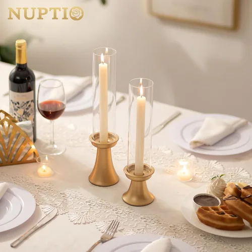 Vista 6 de NUPTIO - Candelabro dorado para centro de mesa: juego de 6 portavelas Hurricane cónicos con funda de cilindro de vidrio - soportes de velas a granel