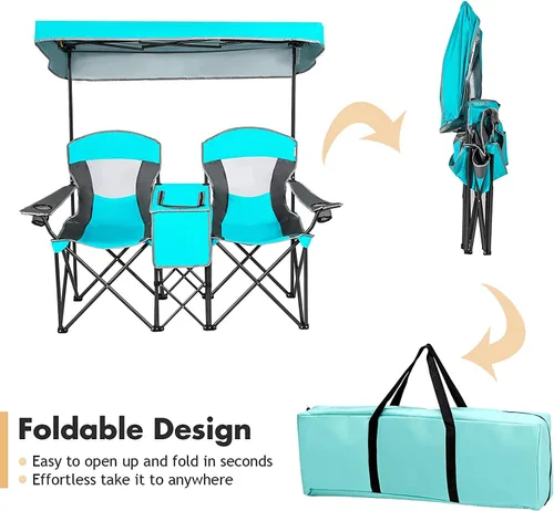 Vista 4 de LUARANE - Silla de camping doble con toldo de sombra, silla portátil de camping de playa con mini mesa soporte para bebidas, bolsa de transporte