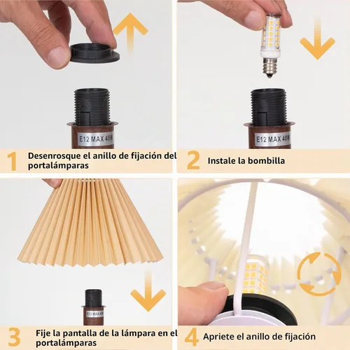 Vista 5 de KUNJOULAM Lámpara de mesa plisada retro, moderna lámpara de mesita de noche con pantalla marrón, base de metal de 5.9 pulgadas para dormitorio