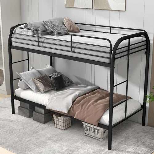 Vista 9 de Litera de cama individual sobre individual con tobogán, marco de cama en forma de casa con escalera, estructura de cama baja de servicio pesado
