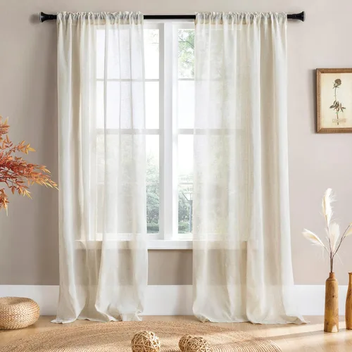 Vista 20 de Cortinas rústicas para ventana de cocina, cortinas de lino transparentes con bolsillo para barra para ventanas cortas, juego de 2 paneles, 42