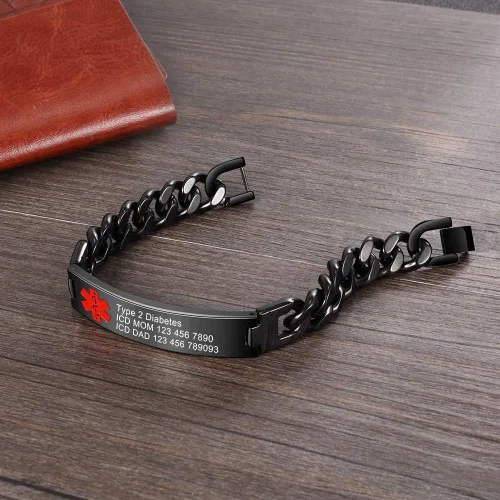 Vista 4 de Lam Hub Fong Pulsera de alerta médica de emergencia personalizada, grabado gratis, se envía al día siguiente, acero de titanio que no se deslustra