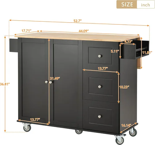 Vista 5 de Carrito móvil de isla de cocina de 52.7 pulgadas con organizadores y almacenamiento superior de madera maciza y ruedas de bloqueo, armario