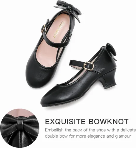 Vista 3 de Dufannie Zapatos de vestir para niñas, zapatos de tacón bajo de princesa, zapatos planos con purpurina para bodas y fiestas