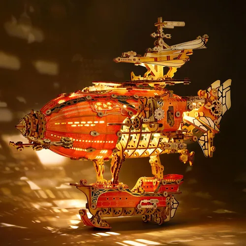 Vista 7 de FUNPOLA Rompecabezas de Madera LED 3D Modelo de Dirigible de Fantasía - Kit de Manualidades Steampunk DIY con Luces LED - Conjunto de Construcción
