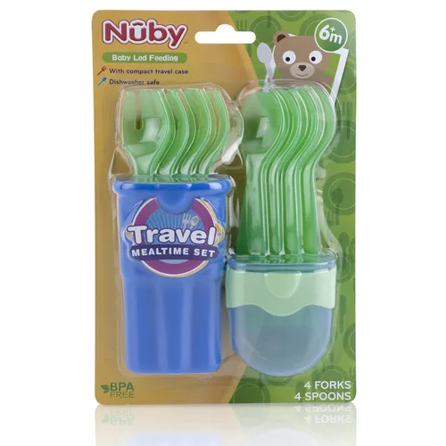 Vista 2 de Nuby Juego de viaje de 9 piezas, tenedor y cuchara, los colores pueden variar