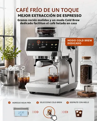 Vista 5 de AMZCHEF Máquina de café expreso con molinillo, control de temperatura, 44 2-Plateado