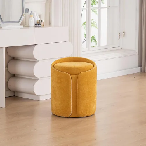 Vista 15 de Taburete Giratorio de Tocador con Base Dorada Cómoda Silla de Tocador Taburete Redondo Moderno para Tocador de Maquillaje Otomana de Tocador Beige