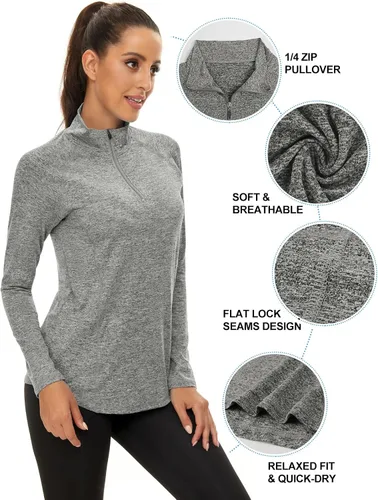 Vista 5 de LURANEE Sudadera de manga larga con cremallera de 14 para mujer, UPF 50+, para senderismo, correr, entrenamiento